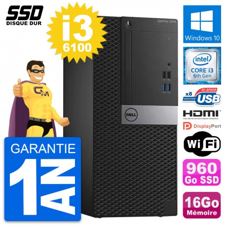 PC Tour Dell OptiPlex 3040 Intel i3-6100 RAM 16Go SSD 960Go HDMI Windows 10 Wifi