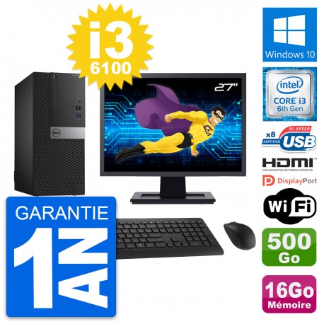 PC Tour Dell 3040 Ecran 27" i3-6100 RAM 16Go Disque 500Go HDMI Windows 10 Wifi