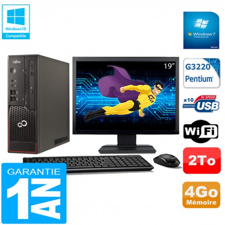 PC Fujitsu Esprimo C720 SFF Intel G3220 4Go Disque 2To Wifi W7 Ecran 19"