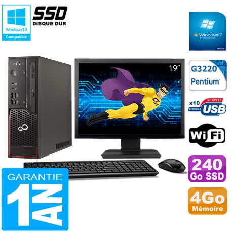PC Fujitsu Esprimo C720 SFF Intel G3220 4Go Disque 240Go SSD Wifi W7 Ecran 19"