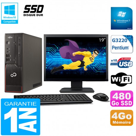 PC Fujitsu Esprimo C720 SFF Intel G3220 4Go Disque 480Go SSD Wifi W7 Ecran 19"