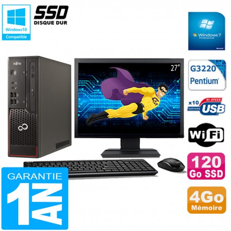 PC Fujitsu Esprimo C720 SFF Intel G3220 4Go Disque 120Go SSD Wifi W7 Ecran 27"