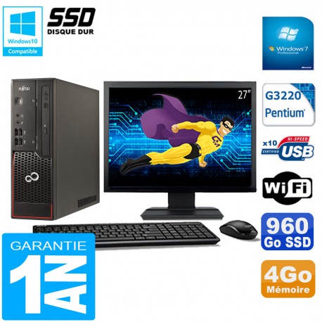 PC Fujitsu Esprimo C720 SFF Intel G3220 4Go Disque 960Go SSD Wifi W7 Ecran 27"