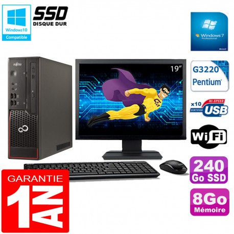 PC Fujitsu Esprimo C720 SFF Intel G3220 8Go Disque 240Go SSD Wifi W7 Ecran 19"