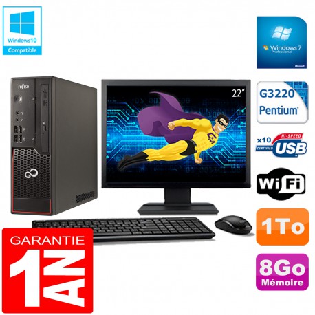 PC Fujitsu Esprimo C720 SFF Intel G3220 8Go Disque 1To Wifi W7 Ecran 22"