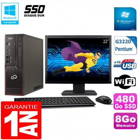 PC Fujitsu Esprimo C720 SFF Intel G3220 8Go Disque 480Go SSD Wifi W7 Ecran 22"