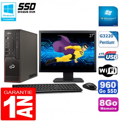 PC Fujitsu Esprimo C720 SFF Intel G3220 8Go Disque 960Go SSD Wifi W7 Ecran 27"