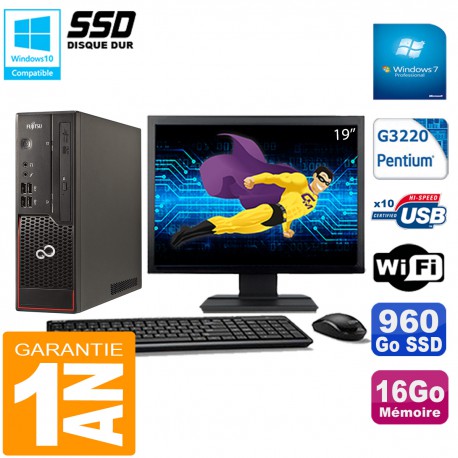 PC Fujitsu Esprimo C720 SFF Intel G3220 16Go Disque 960Go SSD Wifi W7 Ecran 19"