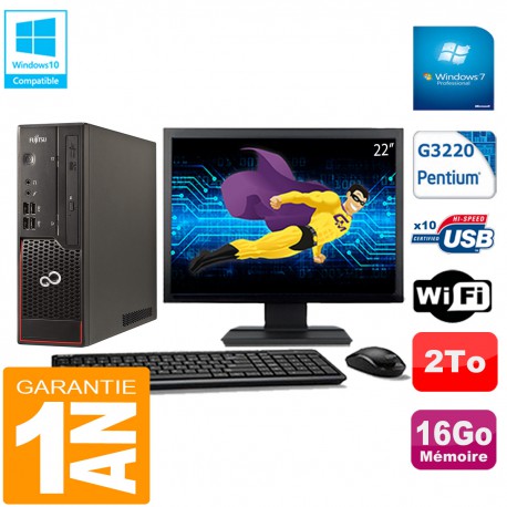 PC Fujitsu Esprimo C720 SFF Intel G3220 16Go Disque 2To Wifi W7 Ecran 22"