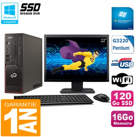 PC Fujitsu Esprimo C720 SFF Intel G3220 16Go Disque 120Go SSD Wifi W7 Ecran 22"