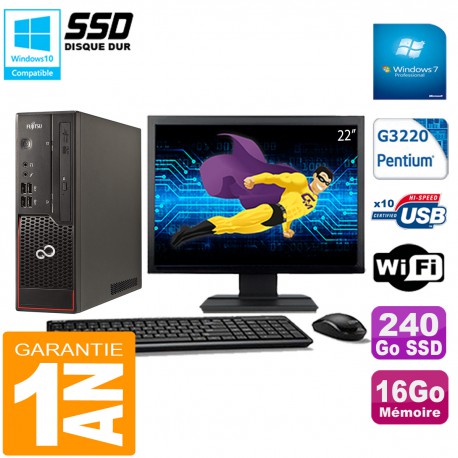 PC Fujitsu Esprimo C720 SFF Intel G3220 16Go Disque 240Go SSD Wifi W7 Ecran 22"