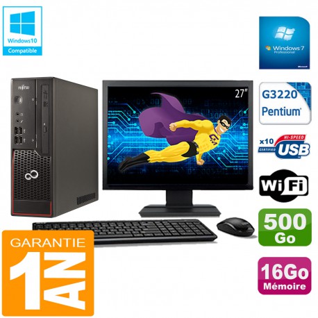 PC Fujitsu Esprimo C720 SFF Intel G3220 16Go Disque 500Go Wifi W7 Ecran 27"