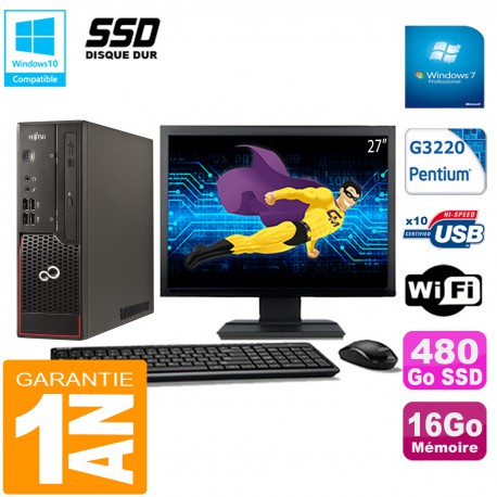 PC Fujitsu Esprimo C720 SFF Intel G3220 16Go Disque 480Go SSD Wifi W7 Ecran 27"