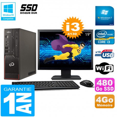 PC Fujitsu Esprimo C720 SFF Core I3-4130 4Go Disque 480Go SSD Wifi W7 Ecran 19"