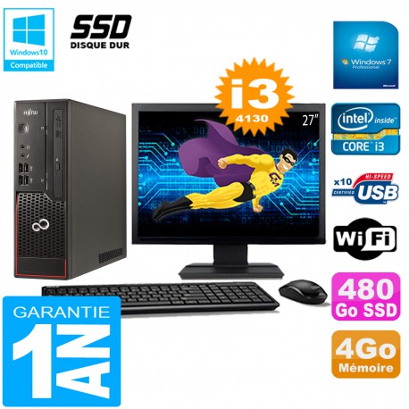 PC Fujitsu Esprimo C720 SFF Core I3-4130 4Go Disque 480Go SSD Wifi W7 Ecran 27"