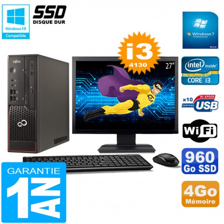 PC Fujitsu Esprimo C720 SFF Core I3-4130 4Go Disque 960Go SSD Wifi W7 Ecran 27"