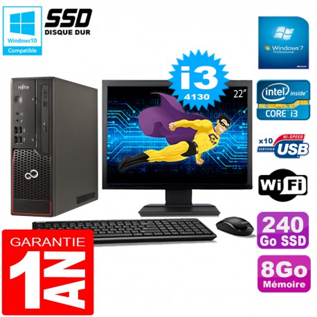 PC Fujitsu Esprimo C720 SFF Core I3-4130 8Go Disque 240Go SSD Wifi W7 Ecran 22"
