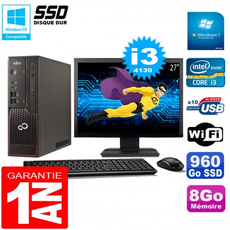 PC Fujitsu Esprimo C720 SFF Core I3-4130 8Go Disque 960Go SSD Wifi W7 Ecran 27"