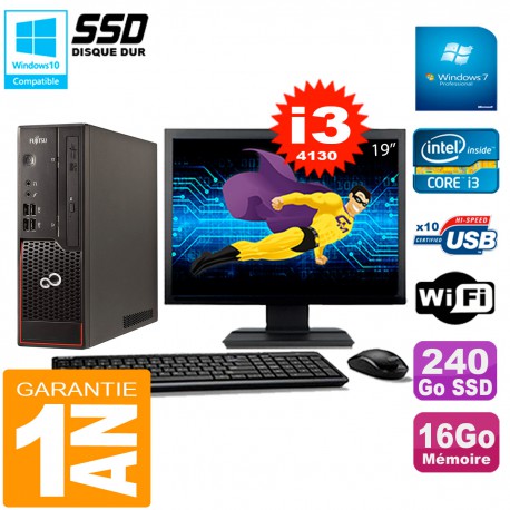 PC Fujitsu Esprimo C720 SFF Core I3-4130 16Go Disque 240Go SSD Wifi W7 Ecran 19"