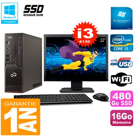 PC Fujitsu Esprimo C720 SFF Core I3-4130 16Go Disque 480Go SSD Wifi W7 Ecran 22"