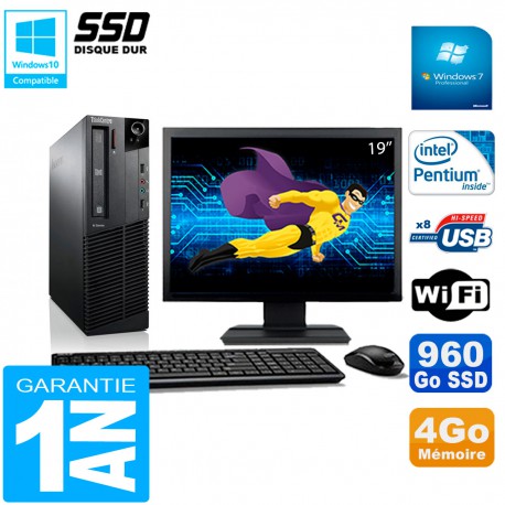PC Lenovo M92p SFF Ecran 19" Intel G630 4Go Disque 960Go SSD Wifi W7