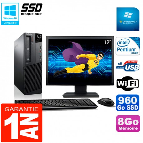 PC Lenovo M92p SFF Ecran 19" Intel G630 8Go Disque 960Go SSD Wifi W7