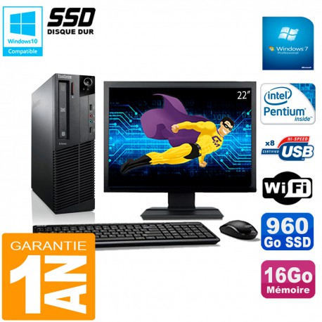 PC Lenovo M92p SFF Ecran 22" Intel G630 16Go Disque 960Go SSD Wifi W7