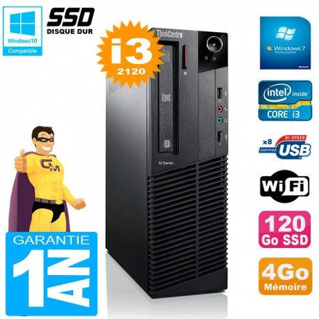 PC Lenovo M92p SFF Core I3-2120 4Go Disque 120Go SSD Graveur DVD Wifi W7