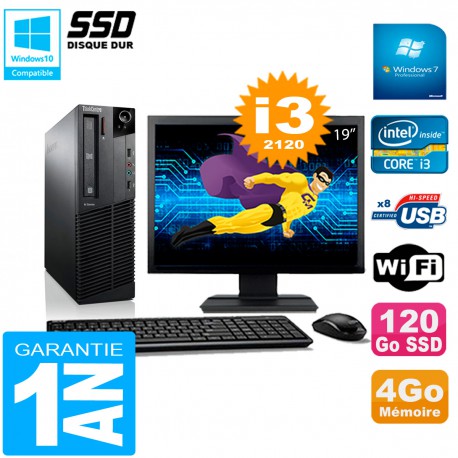 PC Lenovo M92p SFF Ecran 19" Core I3-2120 4Go Disque 120Go SSD Wifi W7