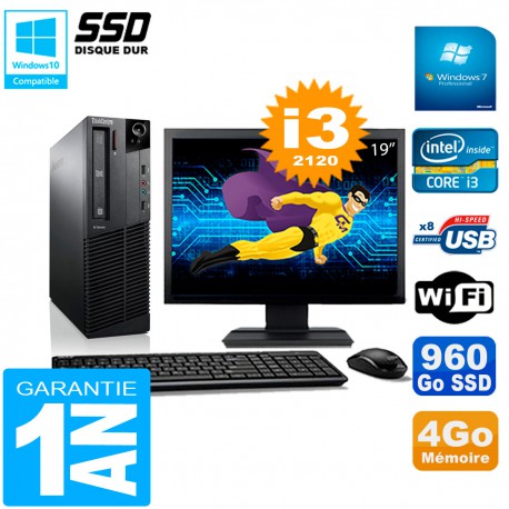 PC Lenovo M92p SFF Ecran 19" Core I3-2120 4Go Disque 960Go SSD Wifi W7