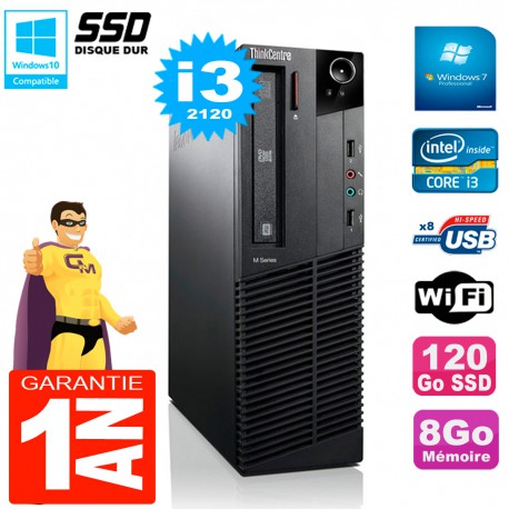 PC Lenovo M92p SFF Core I3-2120 8Go Disque 120Go SSD Graveur DVD Wifi W7