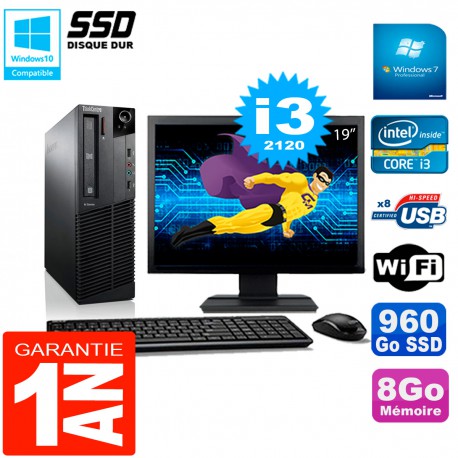 PC Lenovo M92p SFF Ecran 19" Core I3-2120 8Go Disque 960Go SSD Wifi W7