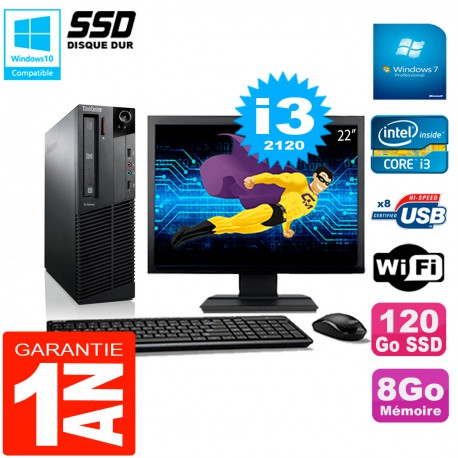 PC Lenovo M92p SFF Ecran 22" Core I3-2120 8Go Disque 120Go SSD Wifi W7