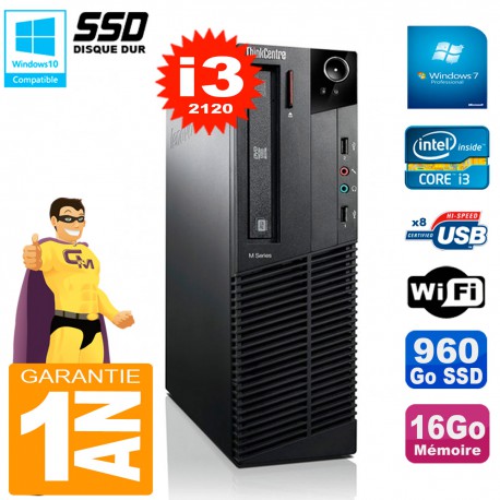 PC Lenovo M92p SFF Core I3-2120 16Go Disque 960Go SSD Graveur DVD Wifi W7