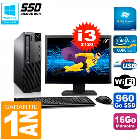 PC Lenovo M92p SFF Ecran 19" Core I3-2120 16Go Disque 960Go SSD Wifi W7