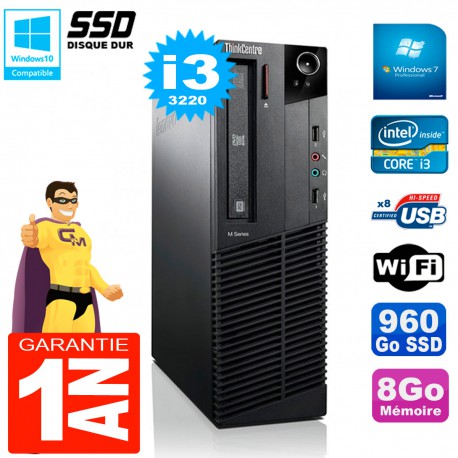 PC Lenovo M92p SFF Core I3-3220 8Go Disque 960Go SSD Graveur DVD Wifi W7