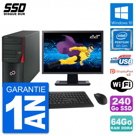 PC Tour Fujitsu W550n Ecran 22" Pentium G4400 RAM 64Go SSD 240Go Windows 10 Wifi