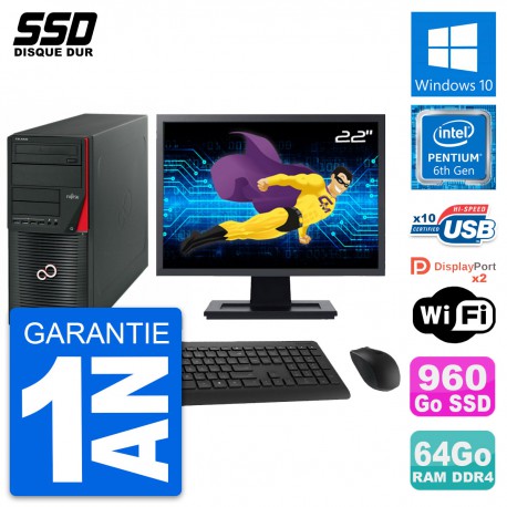 PC Tour Fujitsu W550n Ecran 22" Pentium G4400 RAM 64Go SSD 960Go Windows 10 Wifi