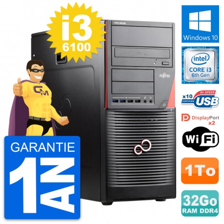 PC Tour Fujitsu Celsius W550n MT i3-6100 RAM 32Go Disque Dur 1To Windows 10 Wifi