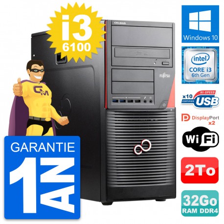 PC Tour Fujitsu Celsius W550n MT i3-6100 RAM 32Go Disque Dur 2To Windows 10 Wifi