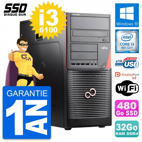 PC Tour Fujitsu Celsius W550n MT Core i3-6100 RAM 32Go SSD 480Go Windows 10 Wifi