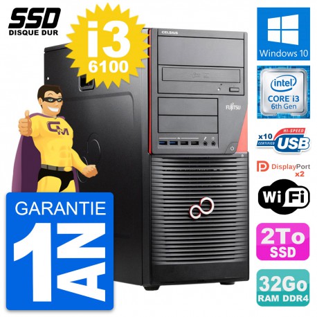 PC Tour Fujitsu Celsius W550n MT Intel i3-6100 RAM 32Go SSD 2To Windows 10 Wifi