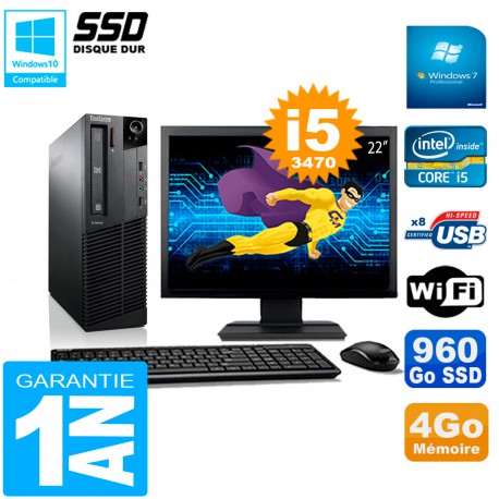 PC Lenovo M92p SFF Ecran 22" Core I5-3470 4Go Disque 960Go SSD Wifi W7
