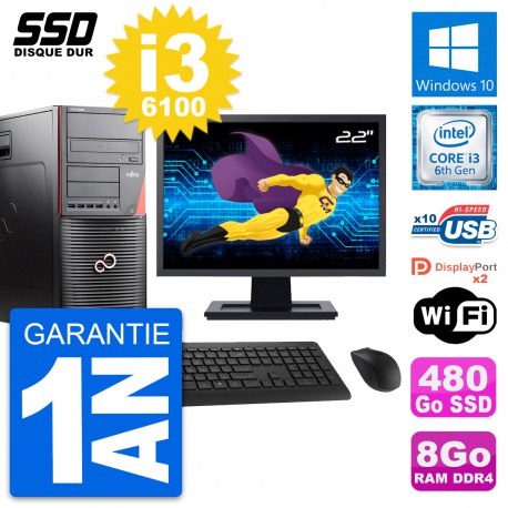PC Tour Fujitsu W550n Ecran 22" Intel i3-6100 RAM 8Go SSD 480Go Windows 10 Wifi