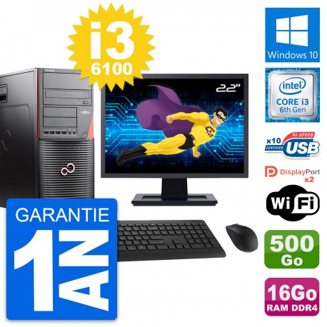 PC Tour Fujitsu MT W550n Ecran 22" i3-6100 RAM 16Go Disque 500Go Windows 10 Wifi