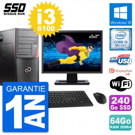 PC Tour Fujitsu W550n Ecran 22" Intel i3-6100 RAM 64Go SSD 240Go Windows 10 Wifi