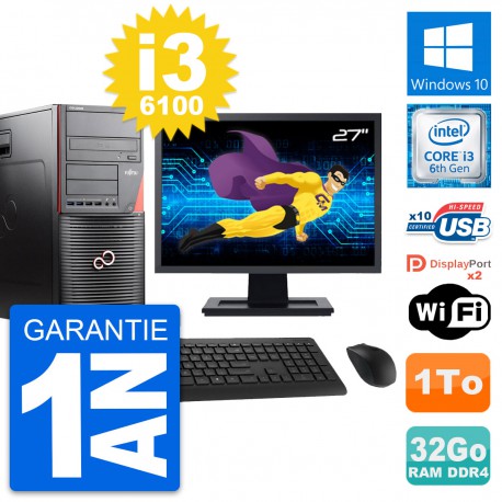 PC Tour Fujitsu W550n Ecran 27" Core i3-6100 RAM 32Go Disque 1To Windows 10 Wifi