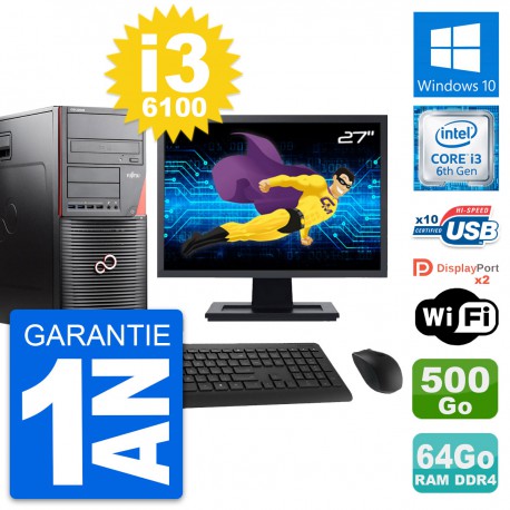 PC Tour Fujitsu W550n MT Ecran 27" i3-6100 RAM 64Go Disque 500Go Windows 10 Wifi