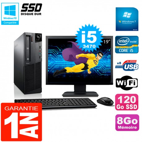 PC Lenovo M92p SFF Ecran 19" Core I5-3470 8Go Disque 120Go SSD Wifi W7