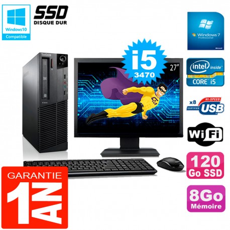 PC Lenovo M92p SFF Ecran 27" Core I5-3470 8Go Disque 120Go SSD Wifi W7